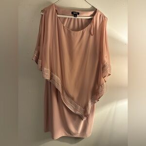 SLNY Coral Overlay Dress | Size 18 | Beaded Trim Cape Sleeve Dress | Elegant